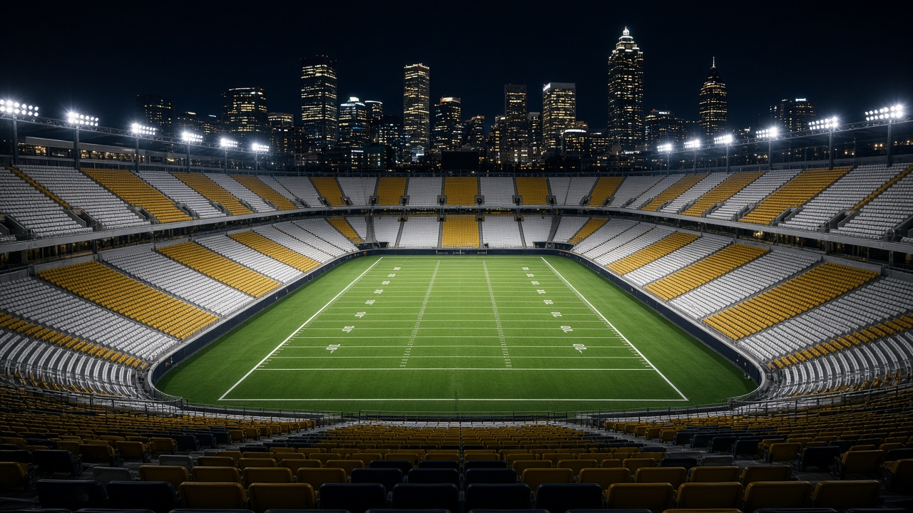 Empty downtown college football stadium at night with city skyscrapers beyond, no people