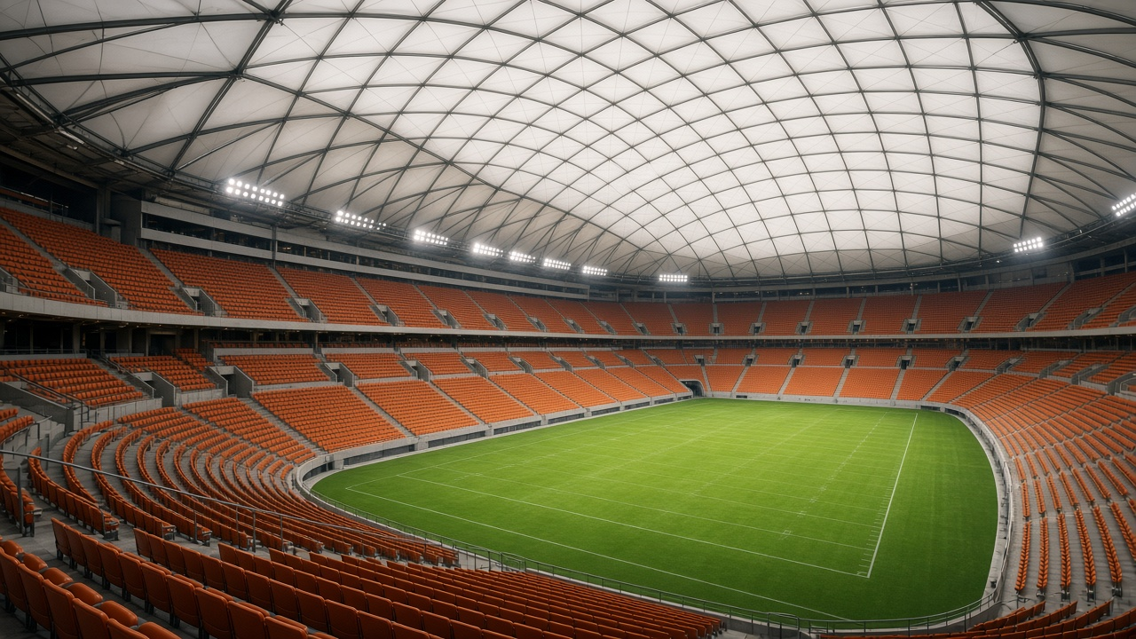 Empty indoor domed football stadium with a white translucent roof, rows of empty orange seats and a green field with white yard lines under bright lights