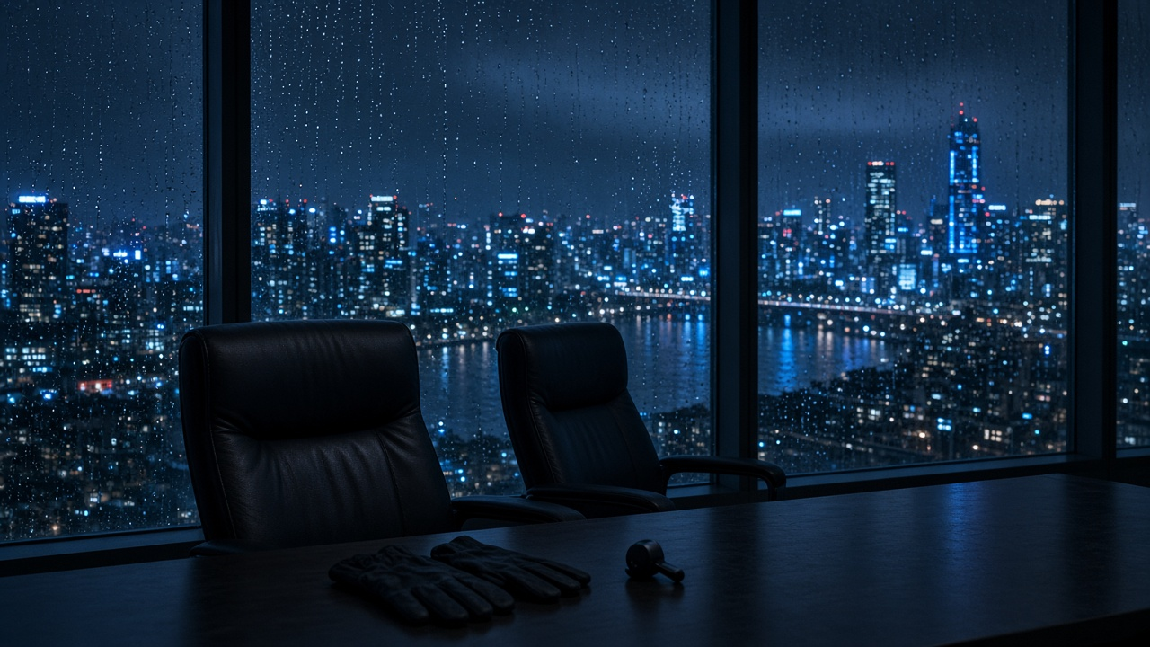 Seoul night cityscape through rain-streaked glass with two empty leather office chairs facing the skyline and a pair of mismatched gloves with an earpiece on the desk