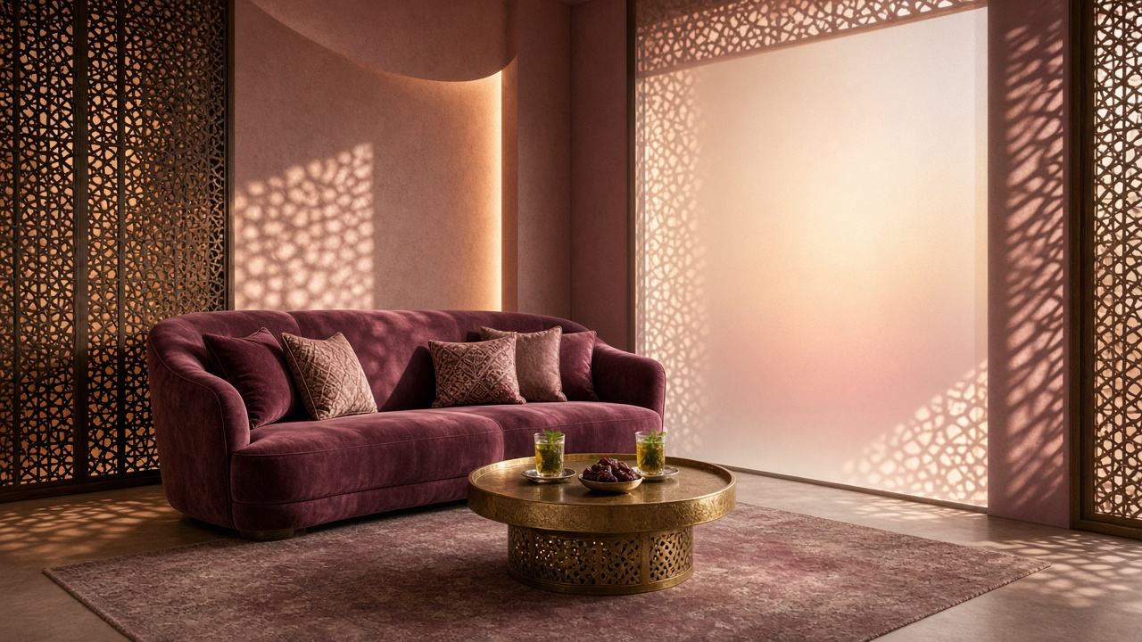 Empty pod lounge with a plum velvet sofa facing a glowing frosted glass wall, brass lattice screens casting patterned shadows and mint tea and dates on a brass table