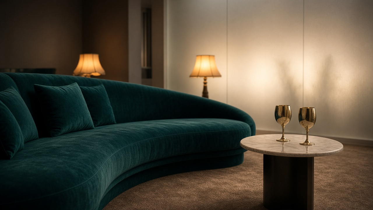 Softly lit empty lounge with a curved teal velvet sofa, warm amber lamps, a frosted glowing glass wall and two gold goblets on a marble side table