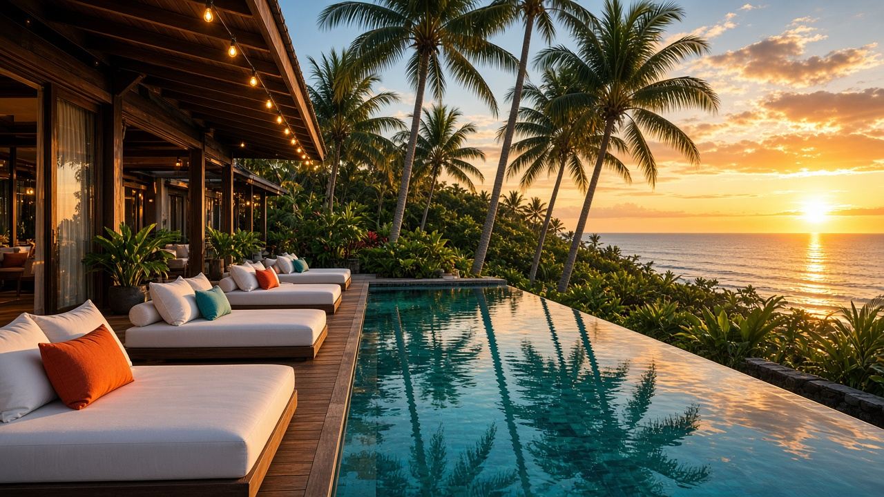 Empty tropical villa with a turquoise pool, daybeds and palm trees at sunset, no people