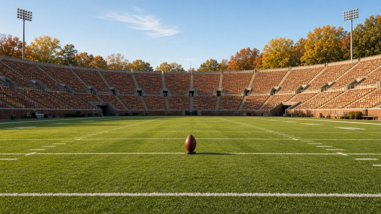 Empty outdoor college football stadium on a bright autumn afternoon, curved tiers of empty seats, a football on a kicking tee at midfield and soft golden light over the open bowl