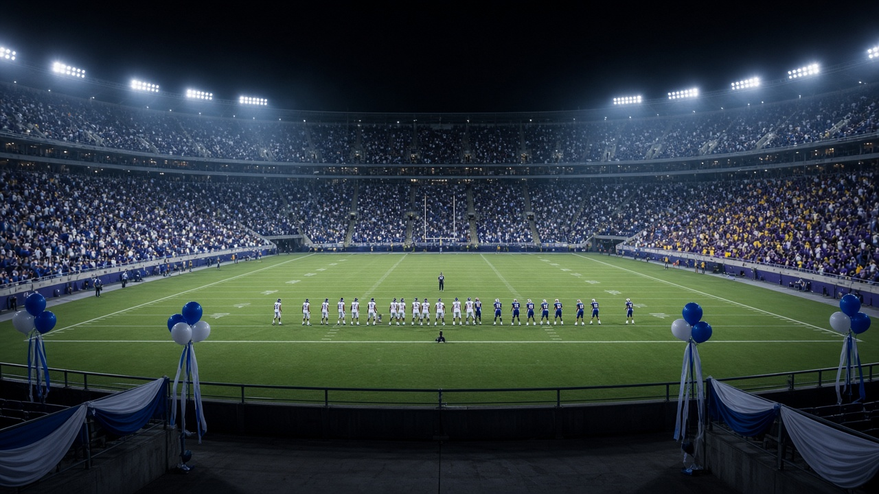 College football stadium at night under bright lights, a packed homecoming crowd in blue and white as the teams line up for kickoff