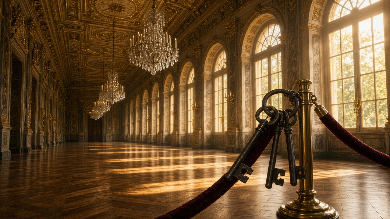An antique iron key ring hanging on a velvet rope stanchion in an empty gilded palace hall with chandeliers and tall sunlit windows