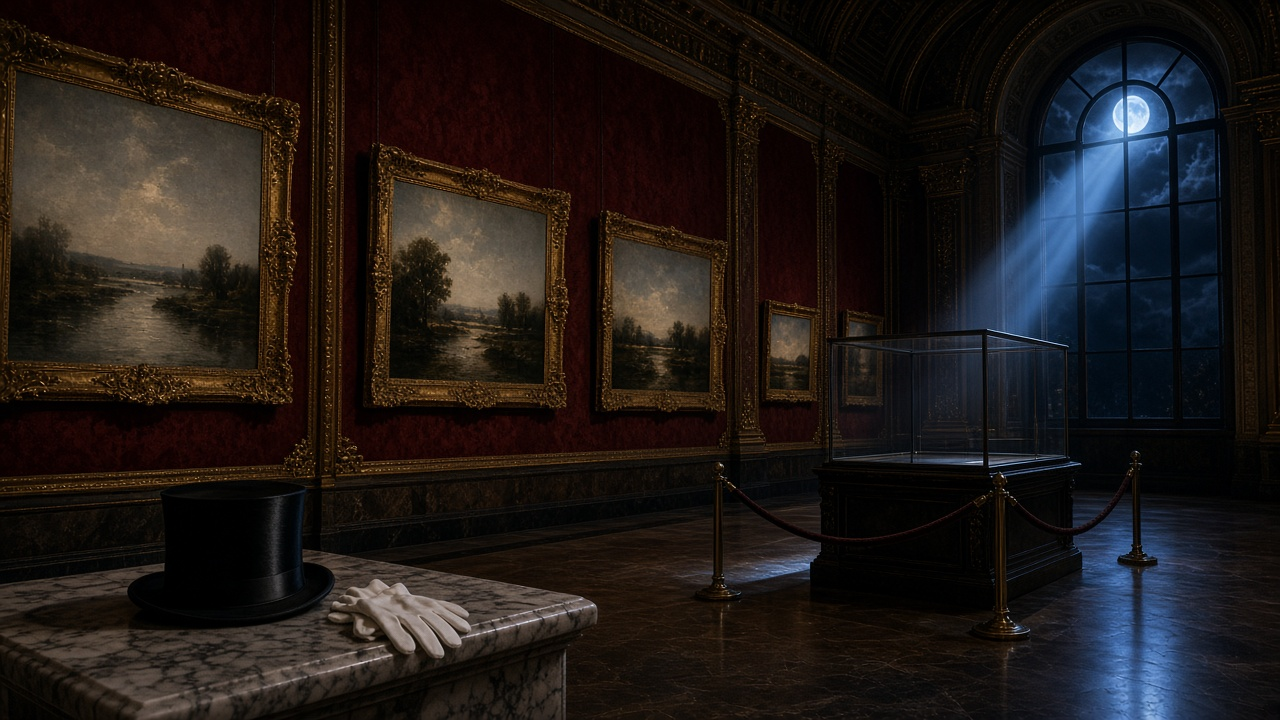 Dark Paris museum gallery at night with gilded landscape paintings, an empty glass display case behind a velvet rope, moonlight through an arched window and a top hat with white gloves on a marble bench