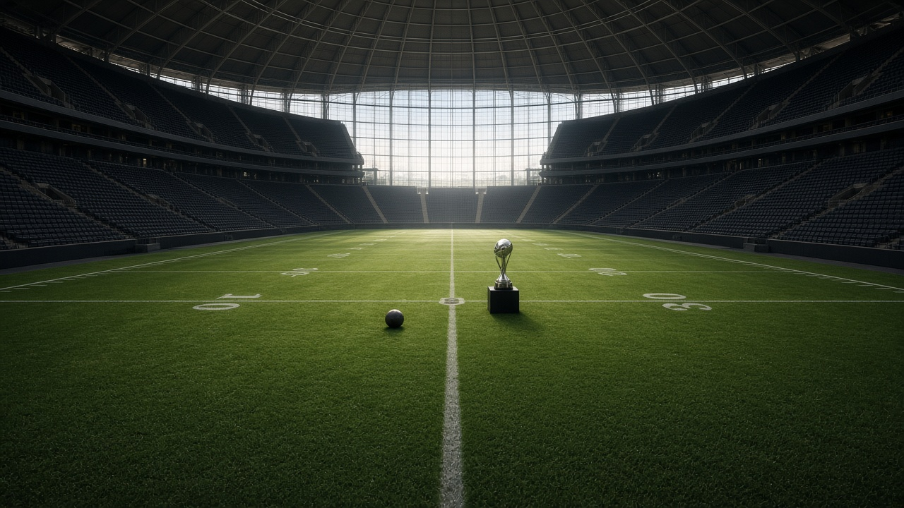 An empty domed football stadium lit by daylight through a glass wall, with a silver trophy and a football at midfield