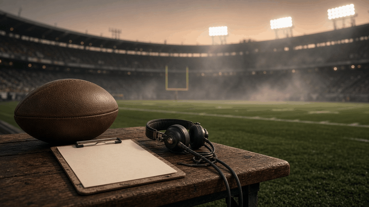 Vintage leather football, blank clipboard and old headset on a wooden bench beside an empty stadium field at dusk, no people, no text, no logos