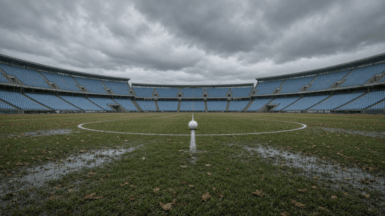 Empty Manchester soccer stadium prepared for a weekend match, with no people, text or logos