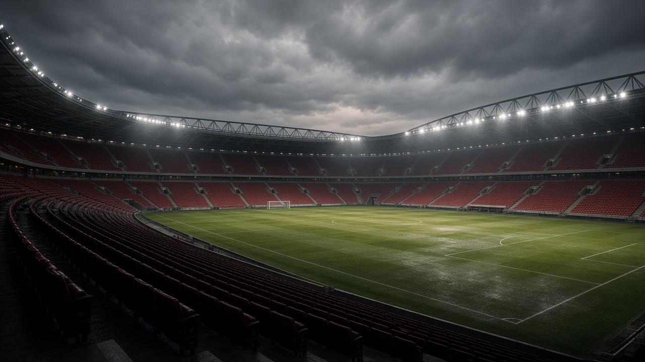 Empty large football stadium with red seats and a wet green pitch under floodlights, no people