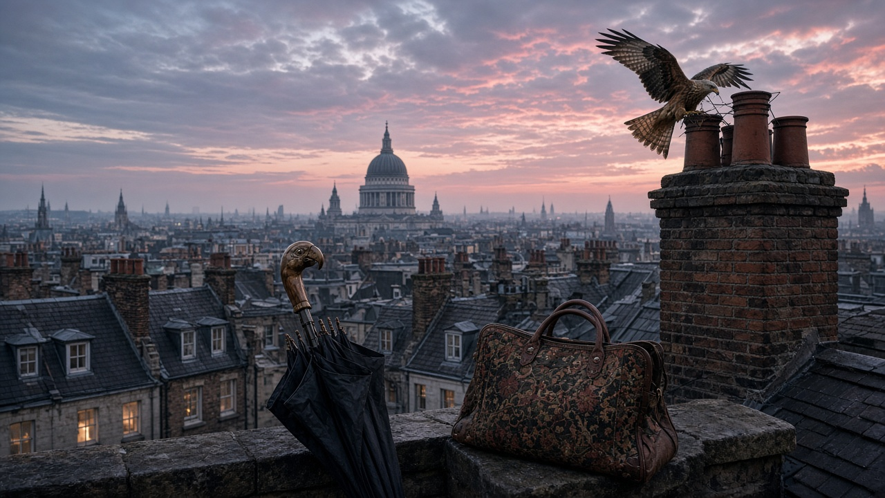 Old London rooftops and chimneys at dusk under a pink and blue sky, with a black umbrella with a carved bird-head handle and a carpet bag resting on a stone ledge and a hawk landing on a chimney pot