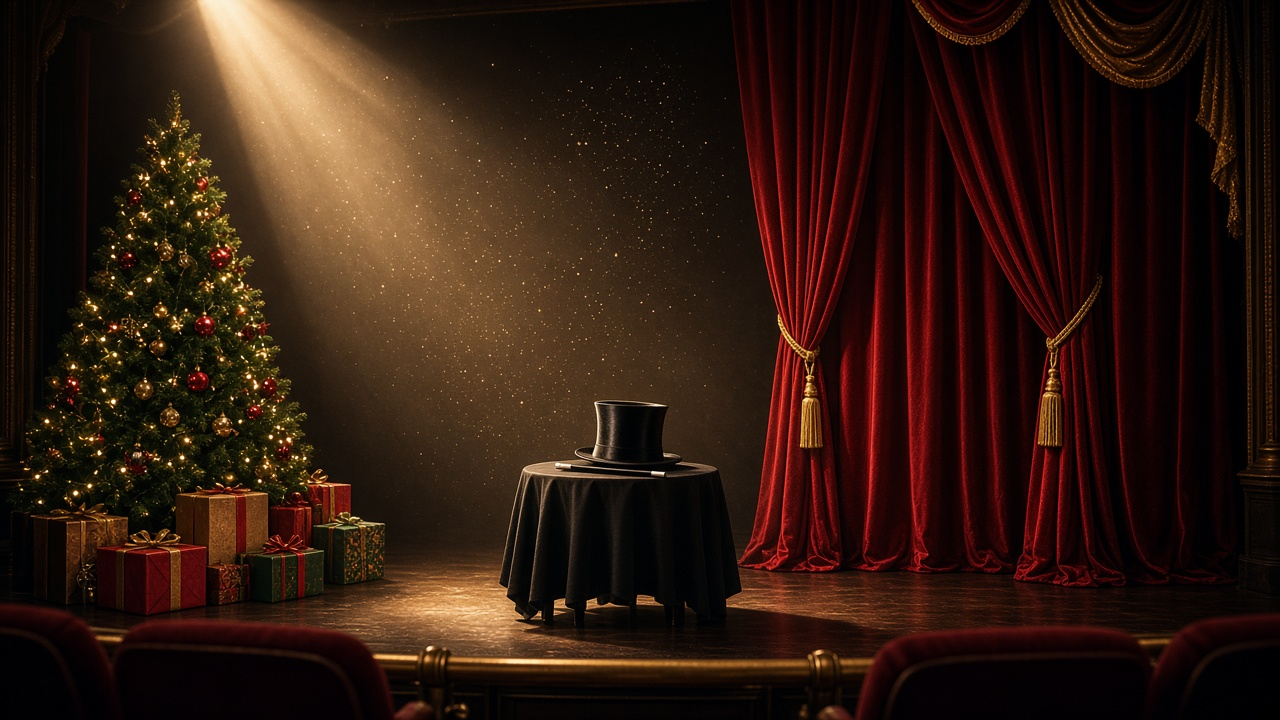 An empty theater stage with a magician's top hat and wand on a small table, a red velvet curtain, a lit Christmas tree and wrapped gifts in a spotlight