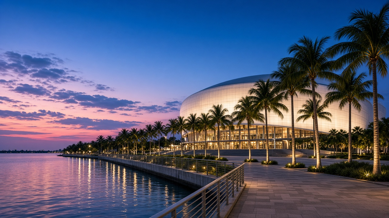 A waterfront arena in a tropical city at twilight, with palm trees along an empty promenade and bay water reflecting the building's lights
