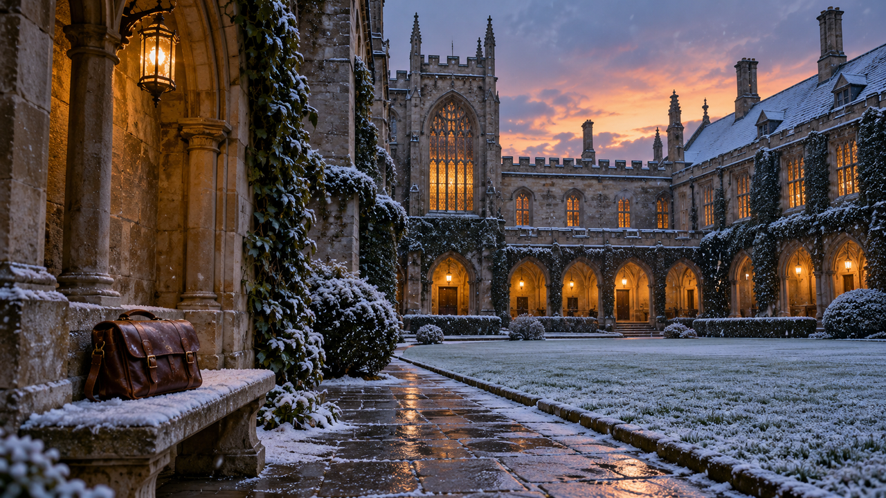 Empty gothic stone college courtyard at winter dusk with ivy-covered walls, glowing leaded windows, light snow and a leather satchel on a stone bench