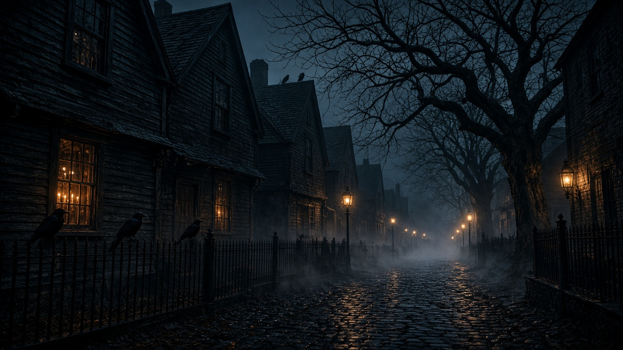Foggy cobblestone street in old Salem at night with lanterns, colonial houses, candles in a window and crows on an iron fence