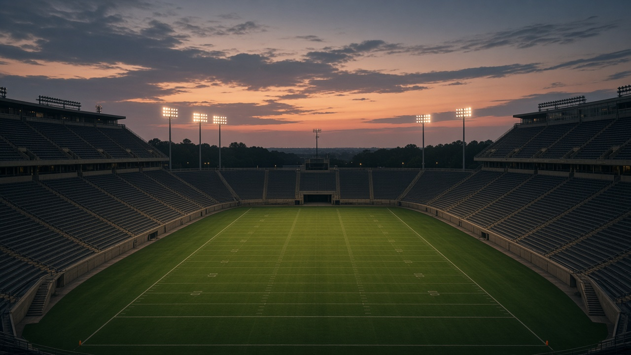 Empty college football stadium at twilight with lights glowing over green turf, live oak trees with hanging moss beyond the stands, humid violet sky, no people or logos