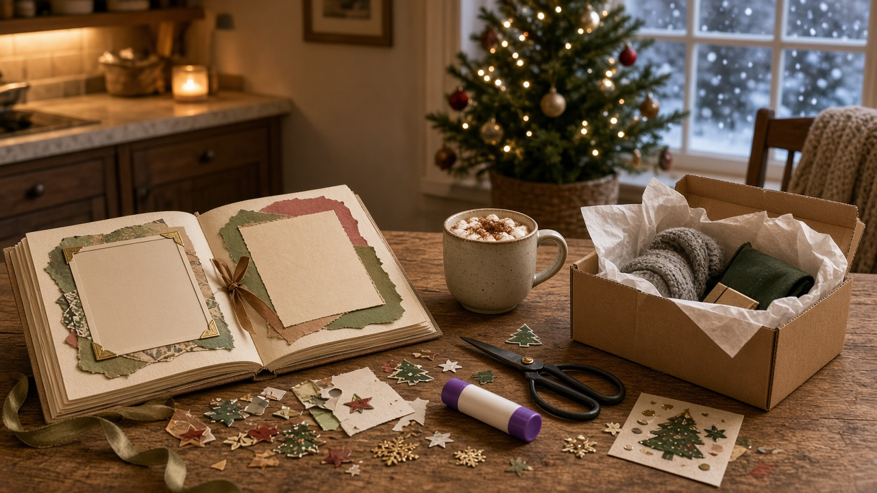 Christmas kitchen table with an open handmade scrapbook, craft supplies and a care package box, no people