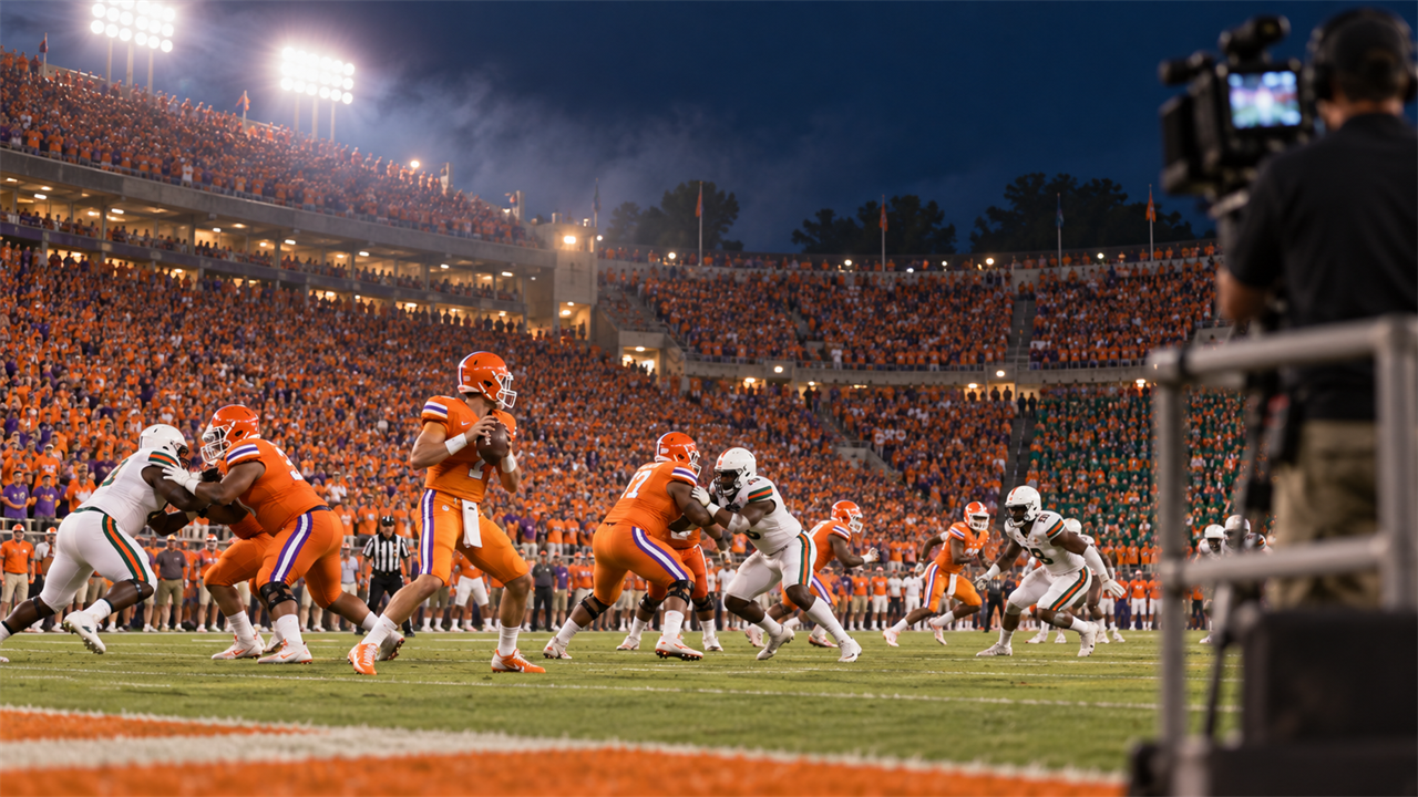 College football stadium under bright lights at night, with a packed crowd in orange and a TV broadcast camera overlooking the field