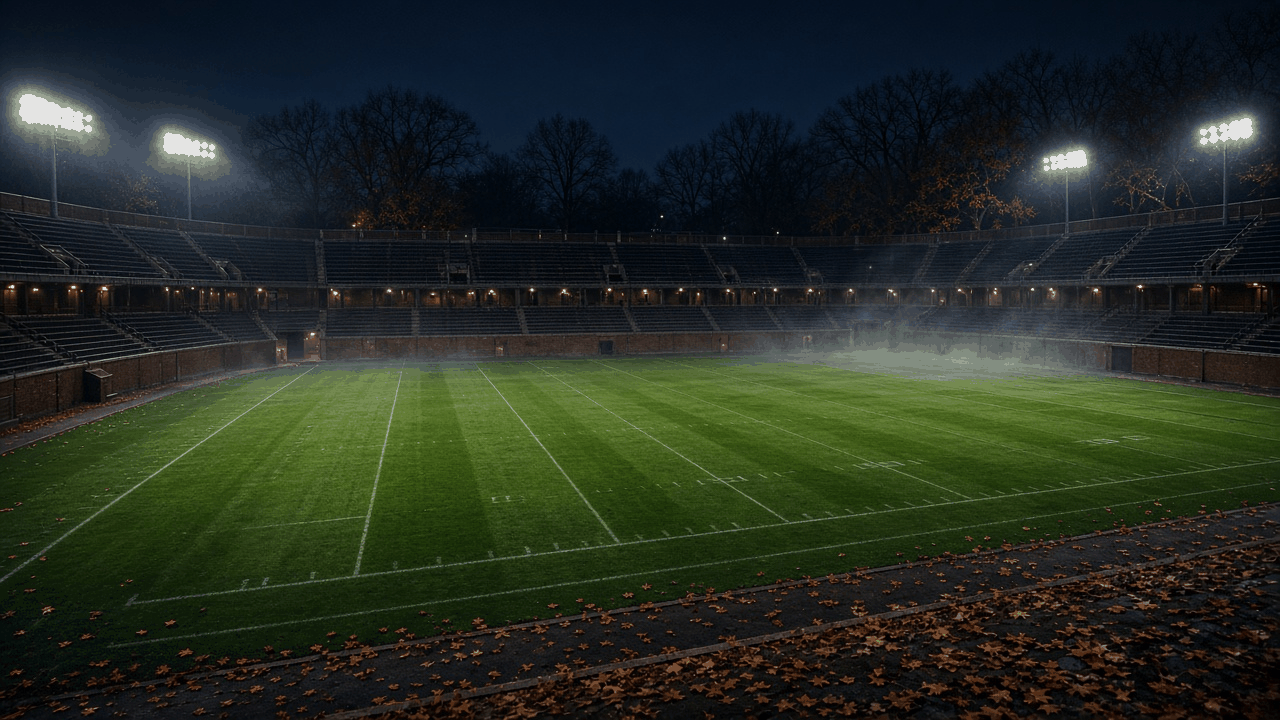 College football stadium in South Bend under evening lights with an empty field, with no people, text or logos