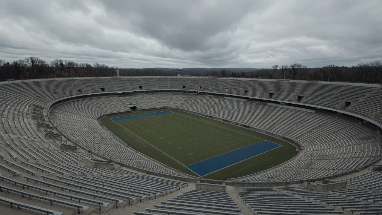 Empty giant college football bowl stadium on a grey autumn day with endless empty seats, no people