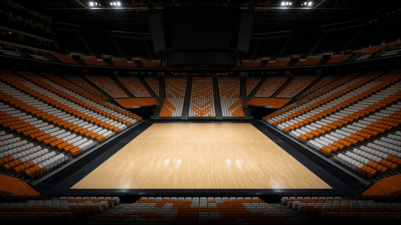 Empty college basketball arena with orange seats and a glossy court, no people