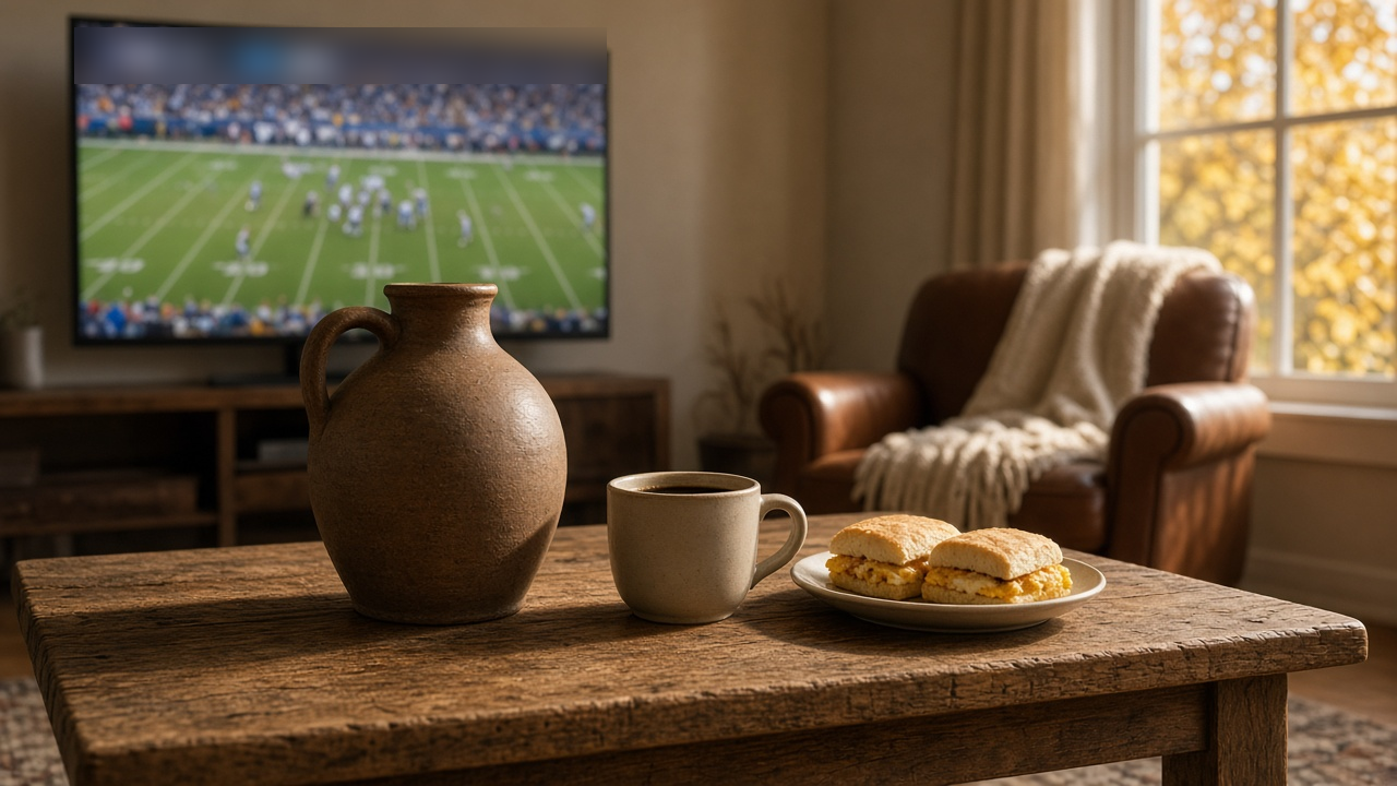 Old brown earthenware jug on a wooden table in a sunlit room with a blurred college football game on a TV behind it