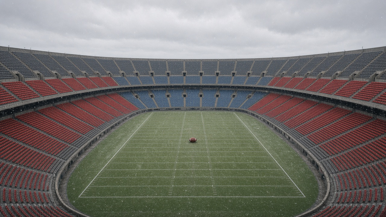 A huge empty horseshoe college football stadium on a gray November day with red and blue seats, light snow and a football on the 50-yard line