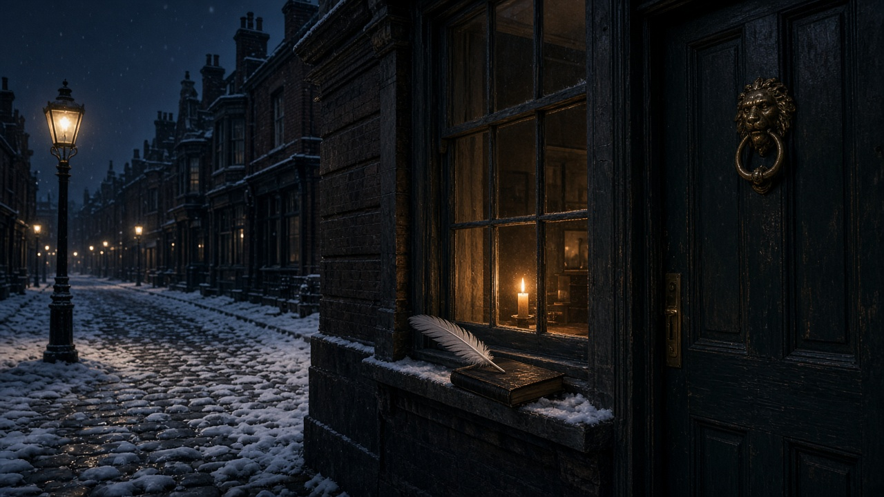 A snowy cobblestone street in old London at night, with glowing gas lamps, a candle in a counting-house window, a quill and ledger on the sill and a brass knocker on a dark green door