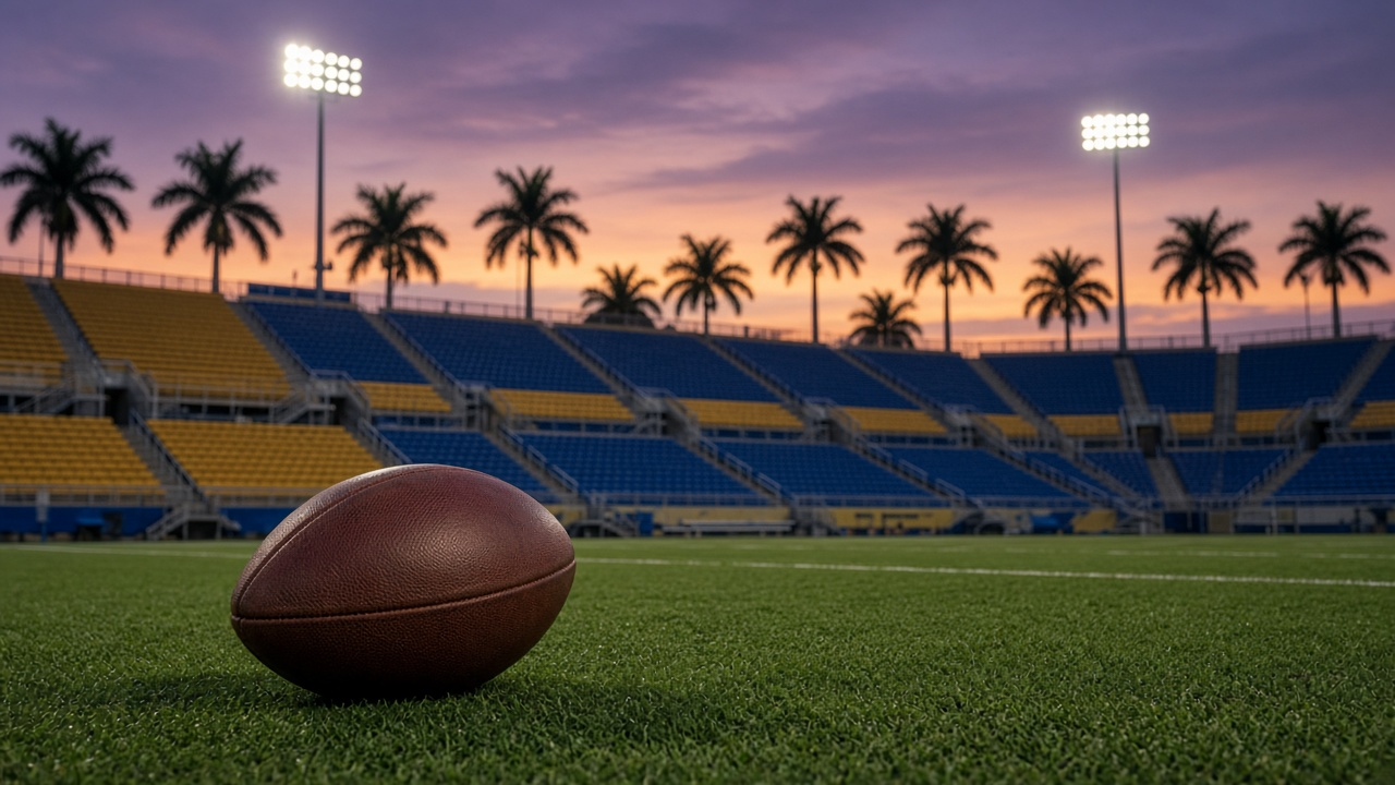 Football resting on green turf under bright stadium lights in an empty stadium at dusk with palm trees beyond the stands, no people