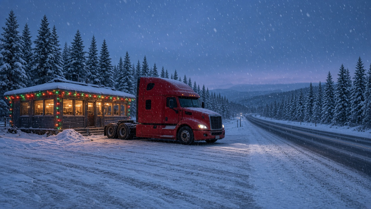 Big rig truck parked at a snowy roadside diner at dusk with string lights and falling snow, no people