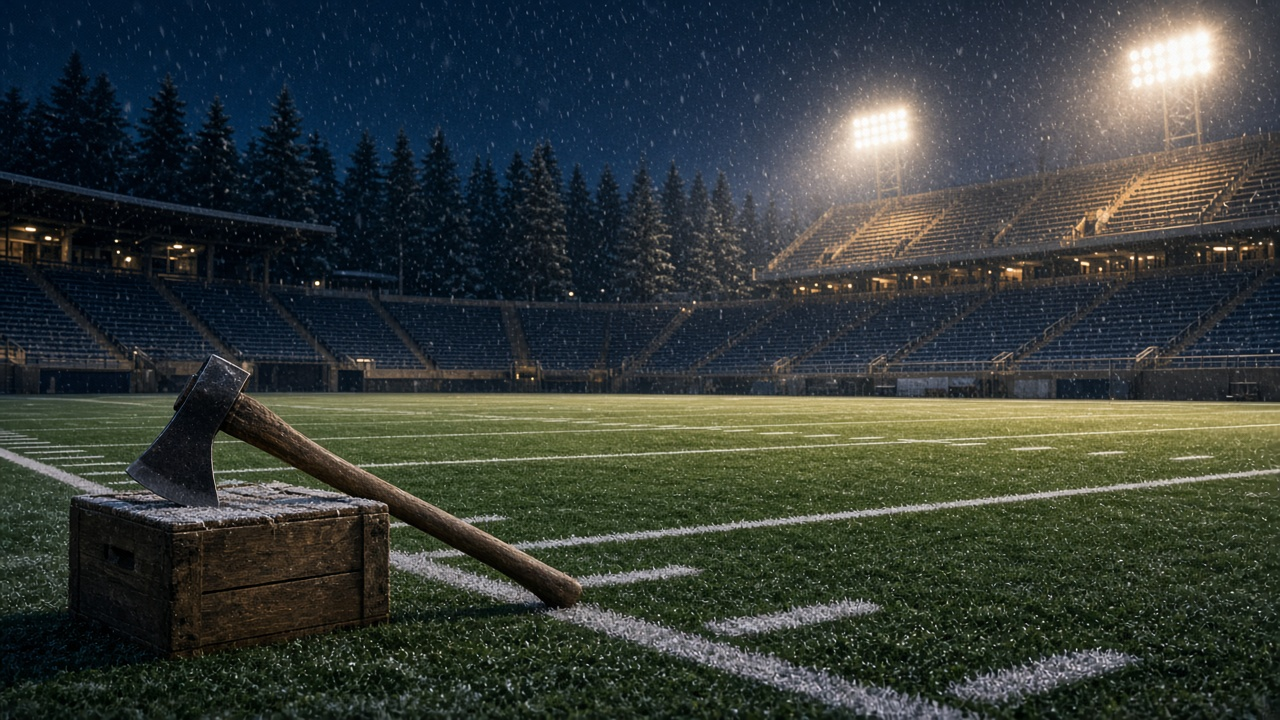 An empty snowy college football stadium at night under floodlights, with a wooden-handled axe resting on a crate by the sideline