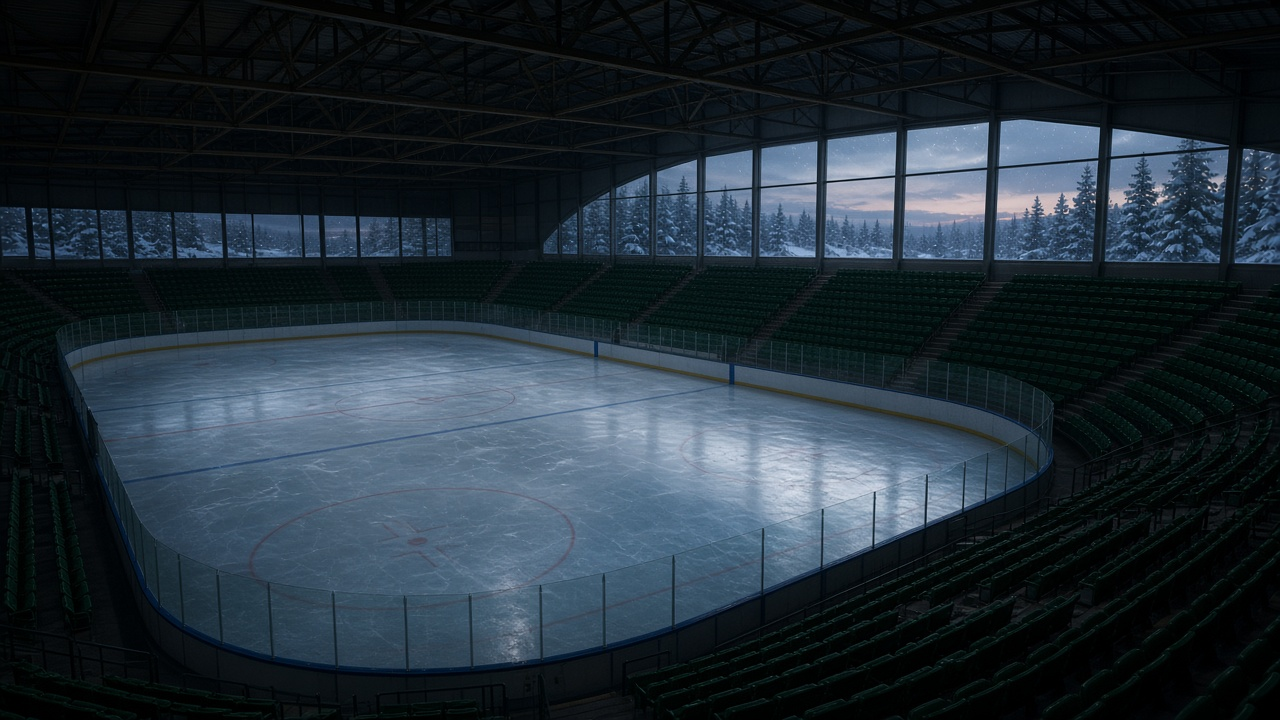 Empty hockey rink with gleaming fresh ice and rows of empty green seats, no people