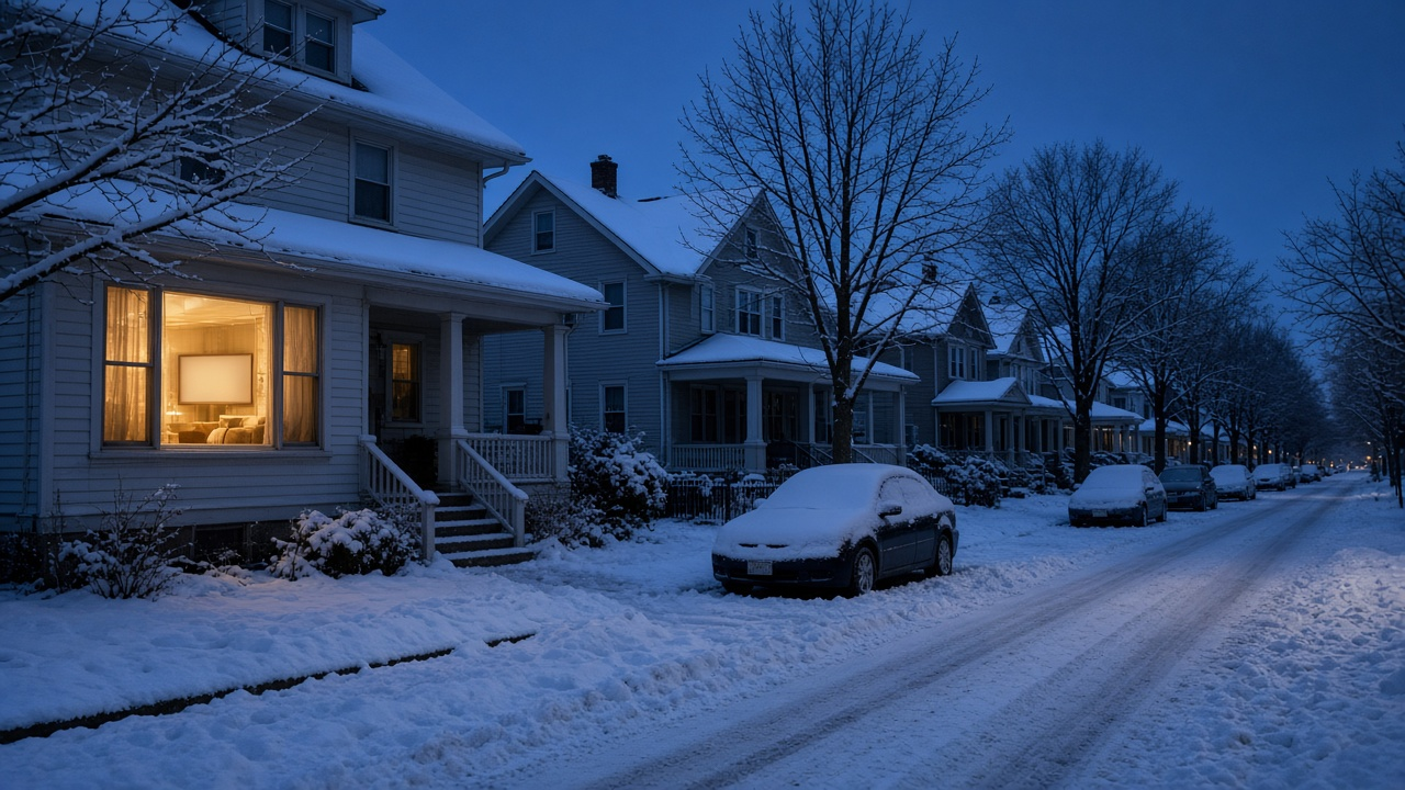 Snowy Twin Cities neighborhood at twilight with warm living-room window light and a blank glowing TV screen