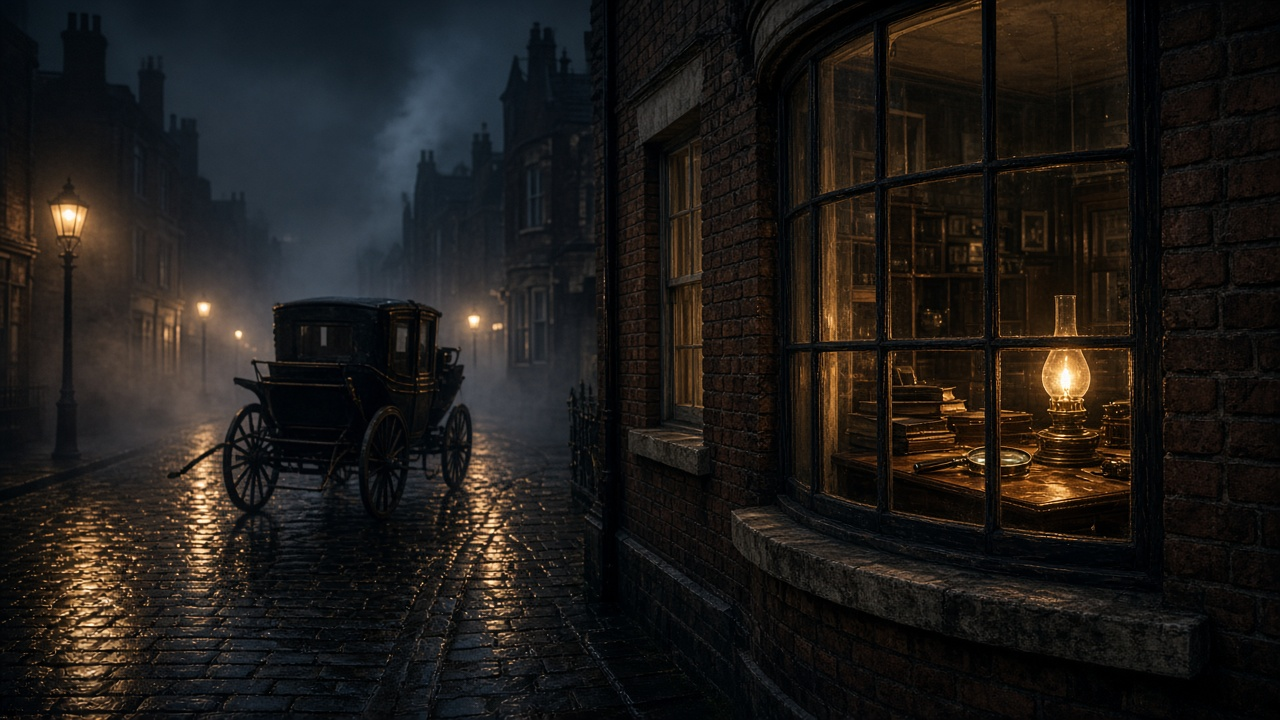 Foggy Victorian London street at night with wet cobblestones, gas lamps, an empty carriage and a lamp-lit detective's desk seen through a bay window