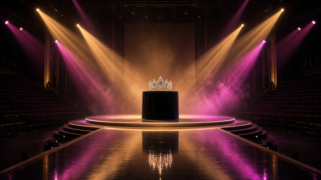An empty pageant stage in an arena with gold and magenta spotlights shining on a crystal tiara atop a velvet pedestal