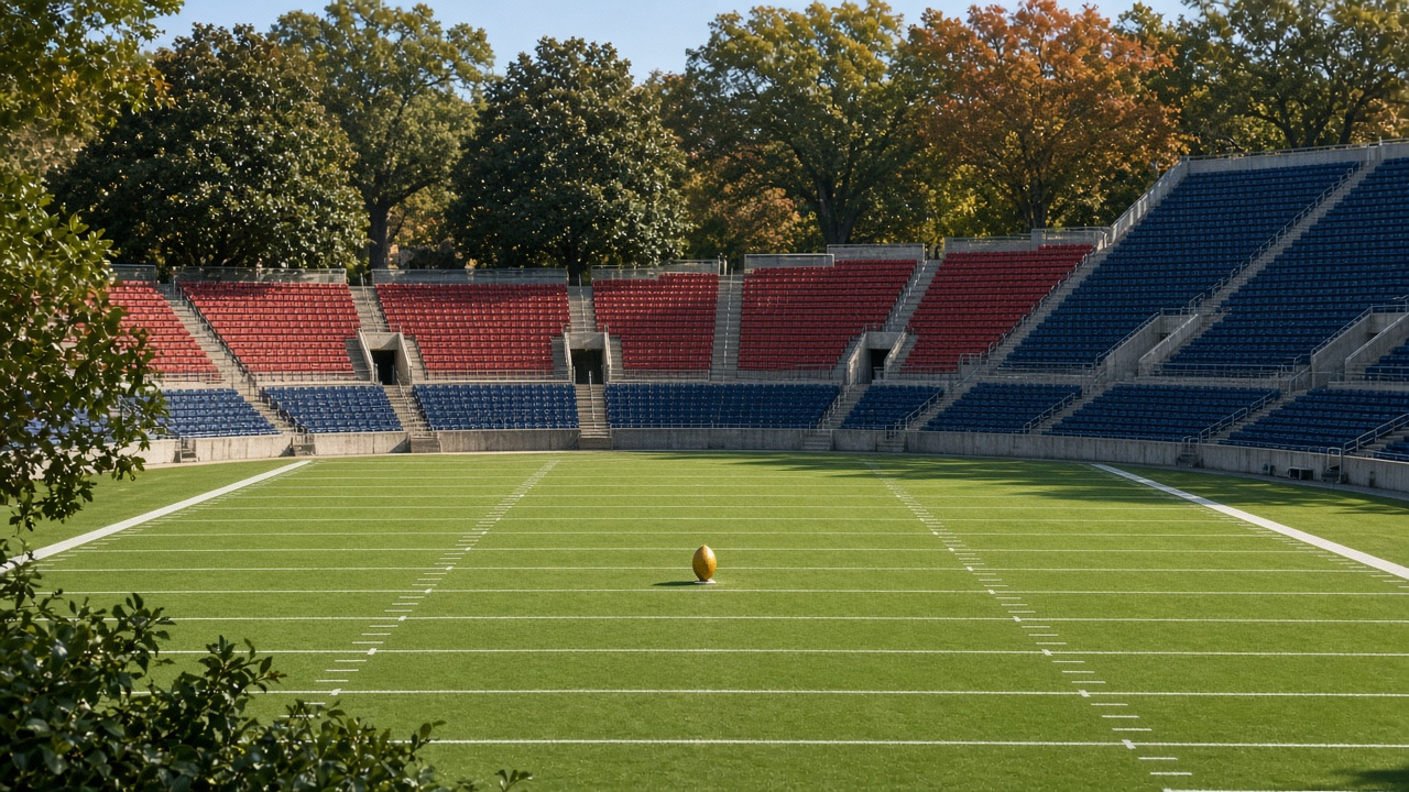 An empty Southern college football stadium on a sunny late-autumn morning with red and navy seats, oak and magnolia trees and a gold football on a tee at midfield