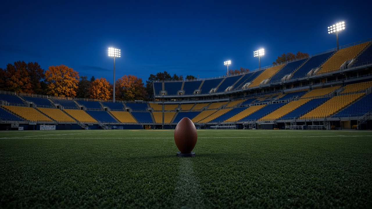Football on a kicking tee at midfield of an empty lit college stadium on an autumn evening with blue and gold seats, no people