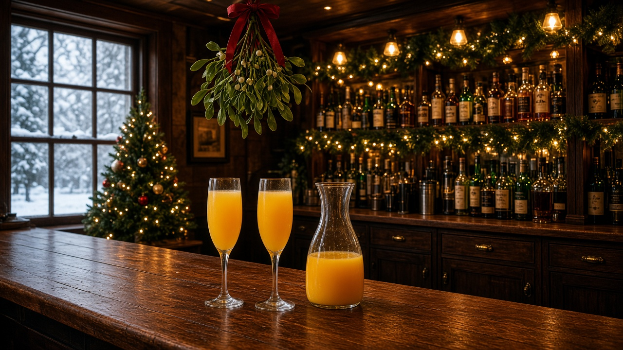 Cozy wooden bar at Christmas with two mimosas, a juice carafe, mistletoe overhead and snow outside the window, no people