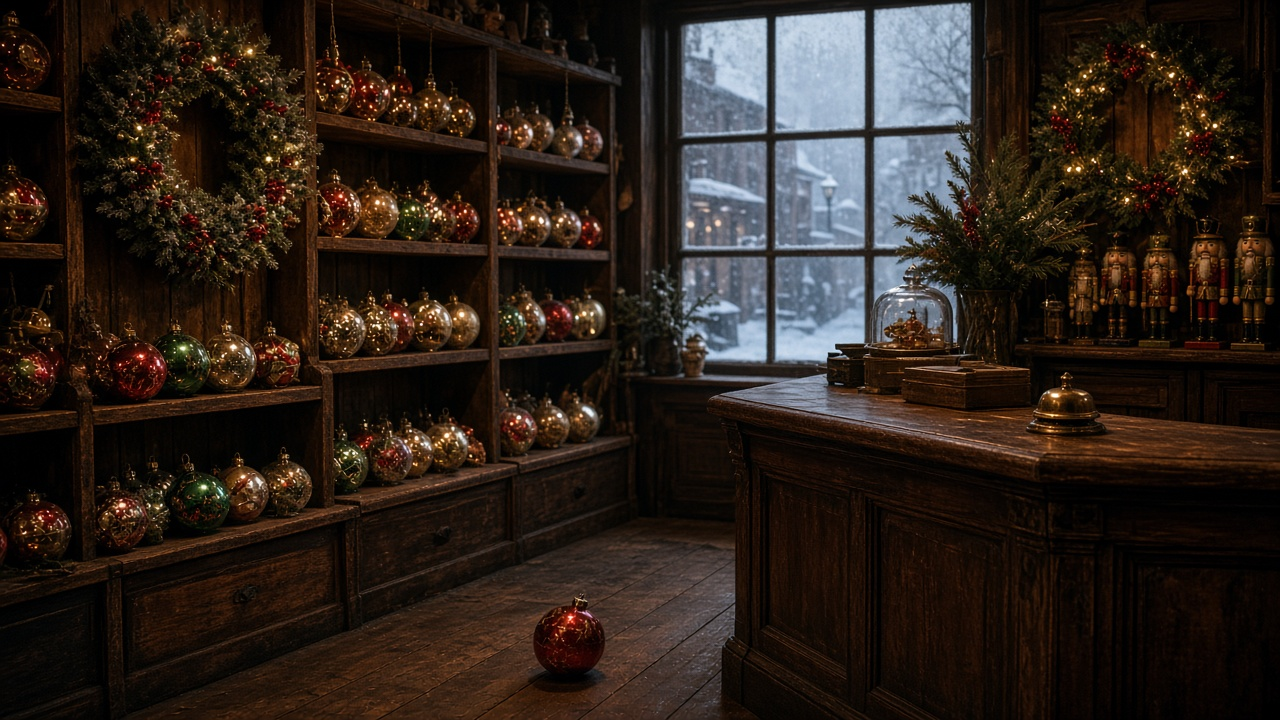 Cozy small-town Christmas shop at night with ornaments, wreaths and a dropped red ornament on the floor, no people