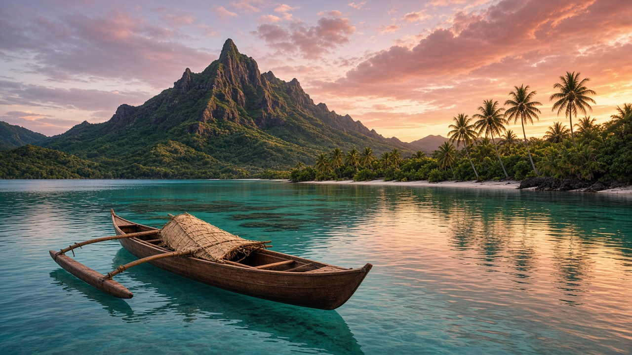 Empty wooden outrigger canoe resting on a calm turquoise lagoon at dusk beside a green volcanic island, photoreal, no people, text or logos