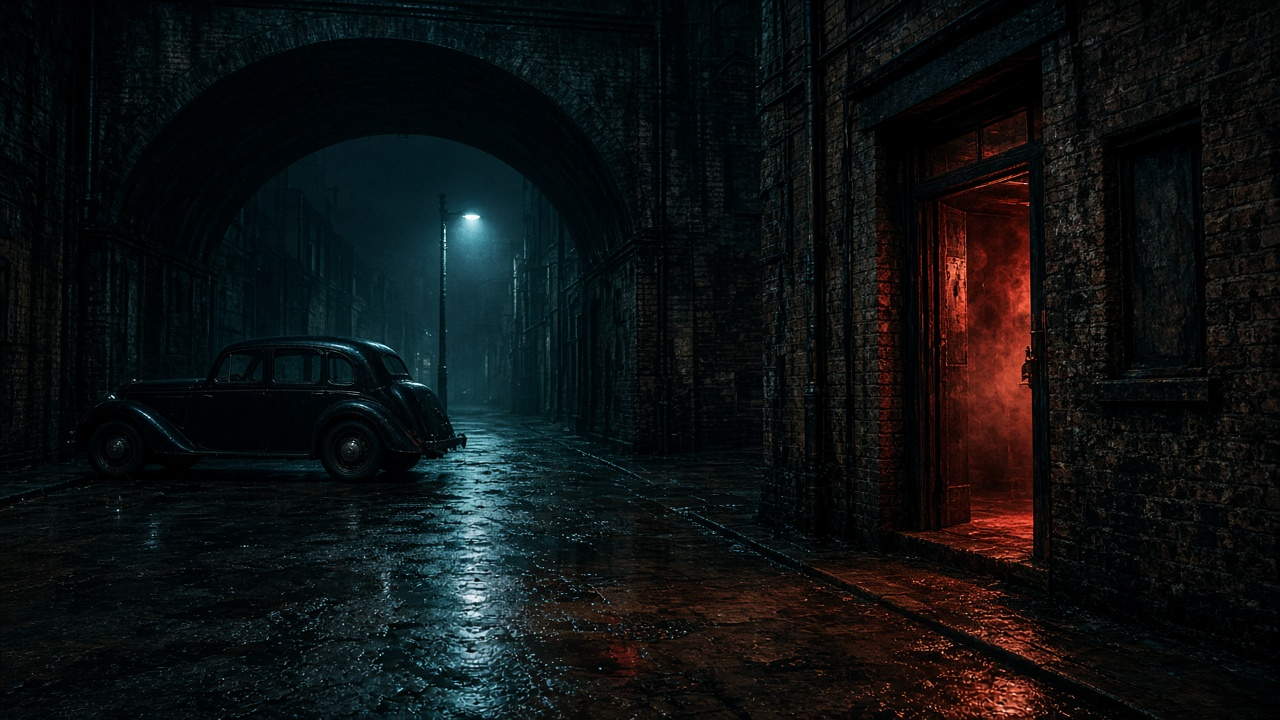 Rain-soaked London backstreet at night with a black vintage car under a railway arch and a smoky red-lit pub doorway