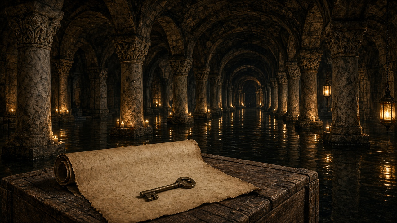 Candlelit underground stone cistern with arched columns and an old rolled parchment map on a wooden crate, warm golden light, photoreal, no people, text or logos