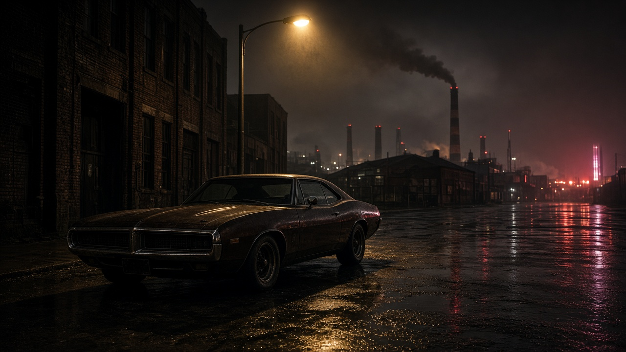 Vintage muscle car on a rain-soaked 1970s Detroit street at night with factory smokestacks behind it