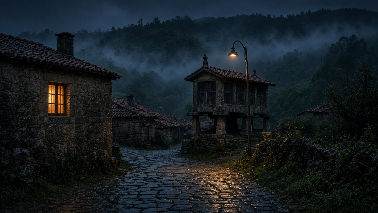 A quiet Galician village at night with granite stone houses, one lit window, a wet cobblestone lane, a streetlamp and a stone granary in the fog, no people, no text, no logos