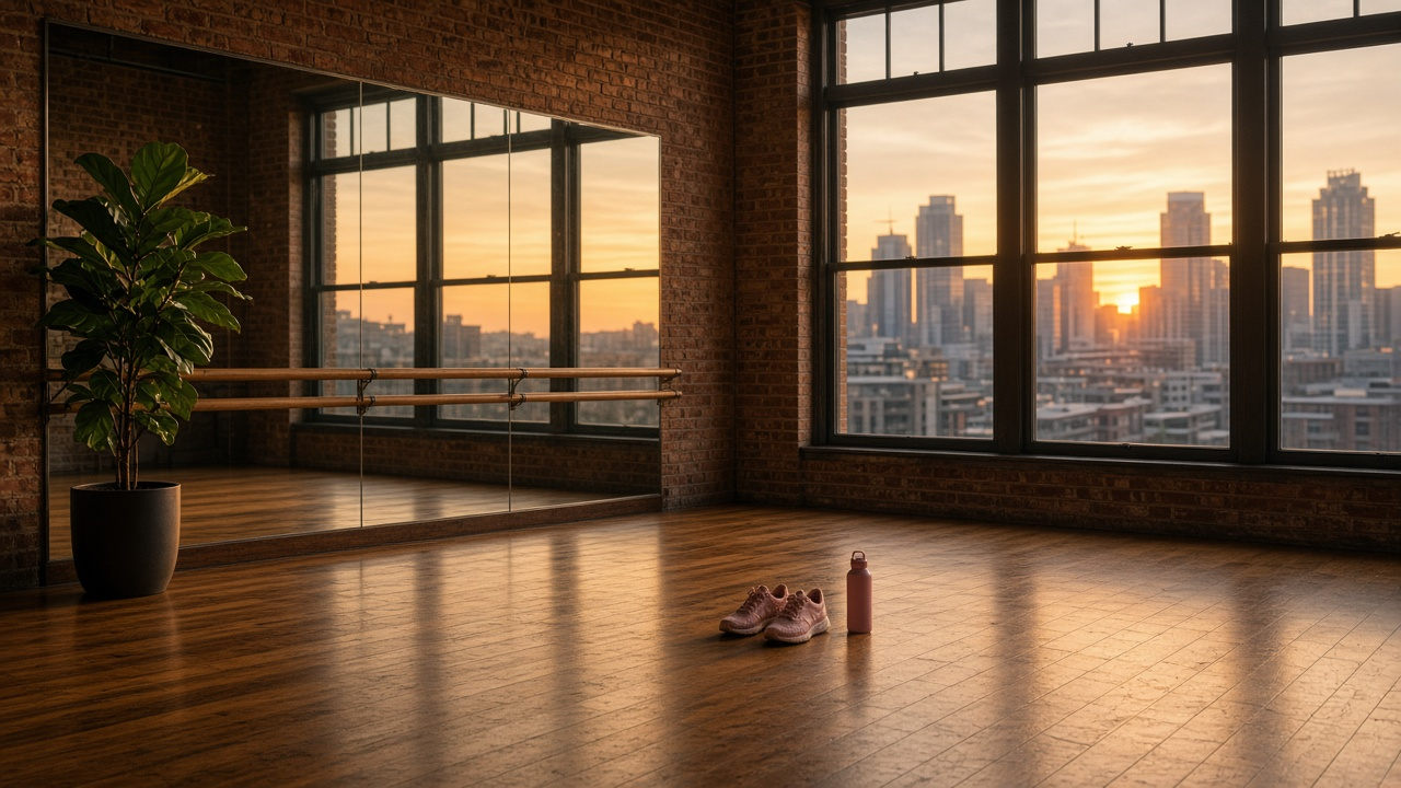 Empty brick-walled dance studio at golden hour with a mirror wall, ballet barre, sneakers and a water bottle on the wood floor, and a city skyline through tall windows, no people, no text, no logos