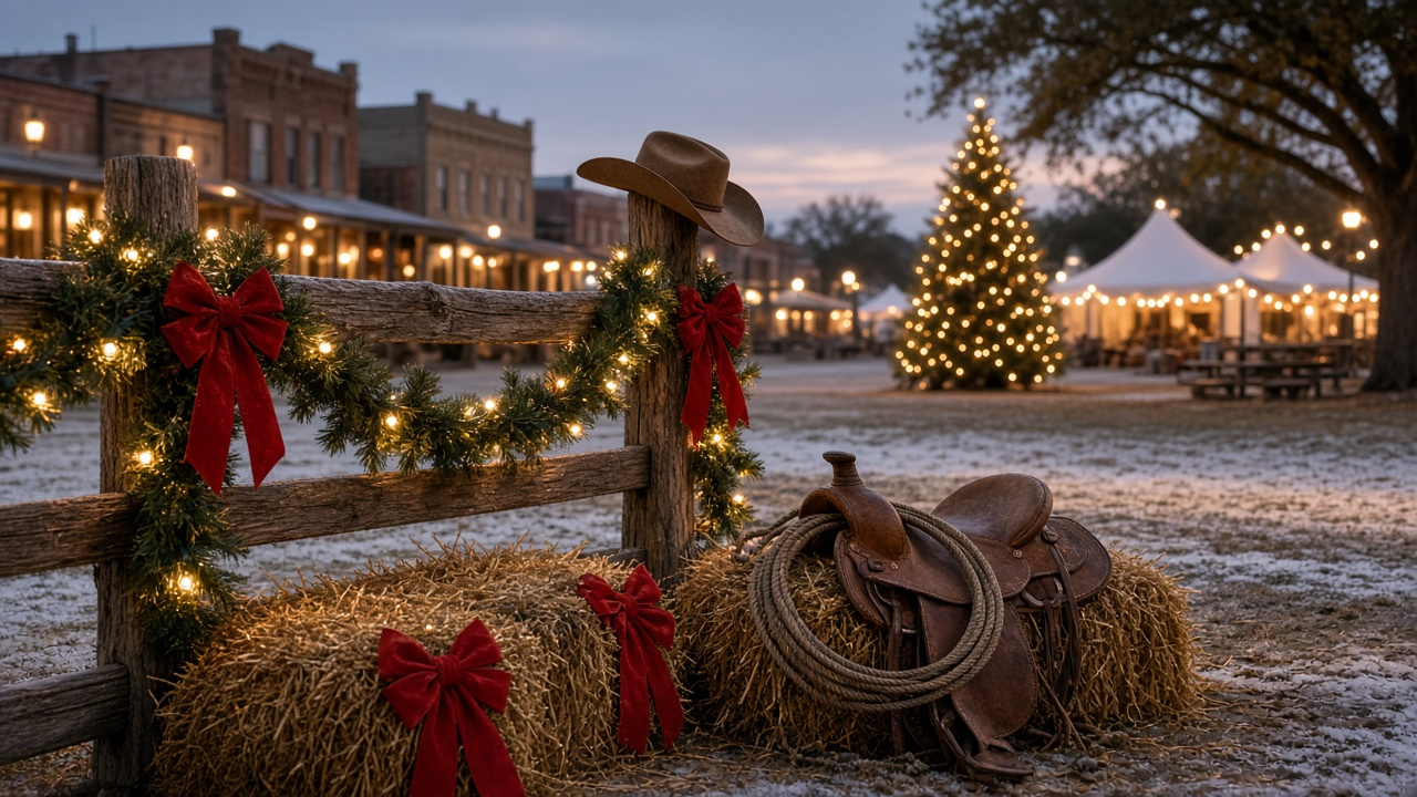 Small Texas town square at Christmas dusk with a garland-wrapped ranch fence, cowboy hat, saddle and hay bales, no people