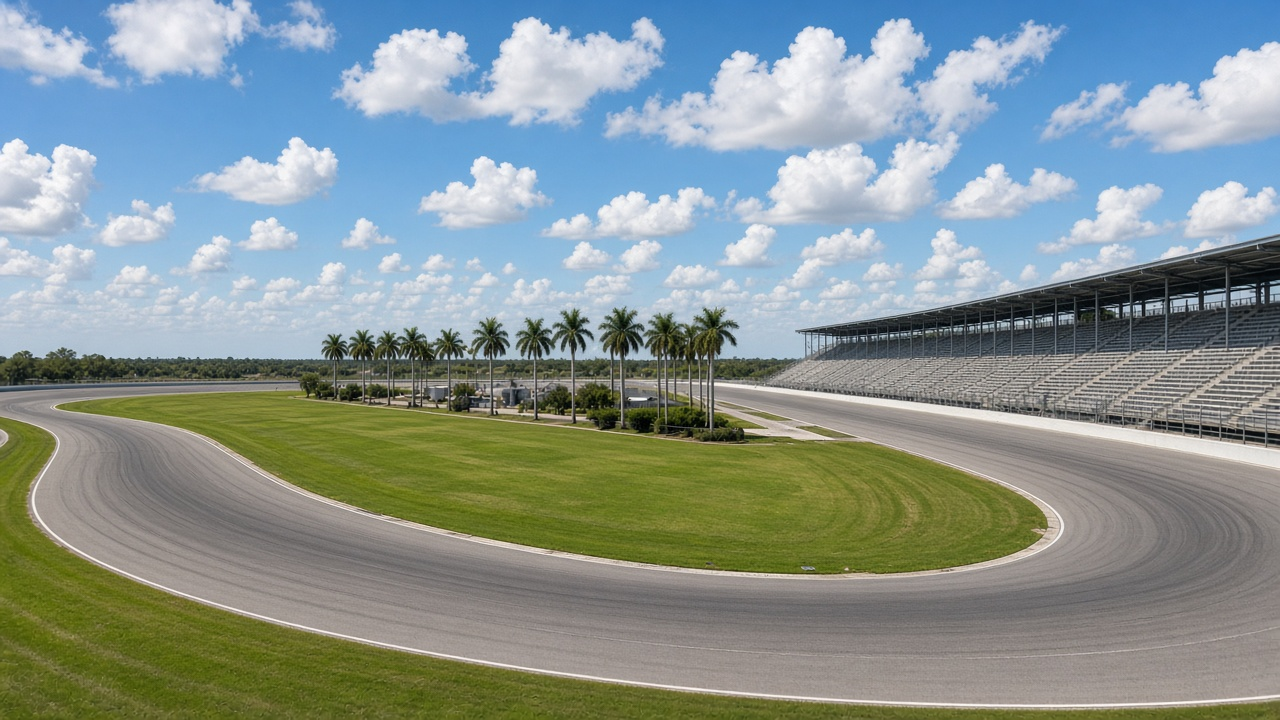 Empty banked oval speedway with grandstands and palm trees on a sunny afternoon, no people