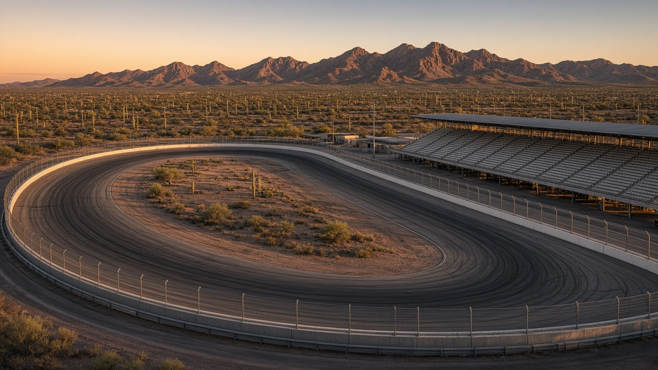 Empty flat oval raceway with white and yellow lines, catch fencing and empty grandstands in the Arizona desert at golden hour