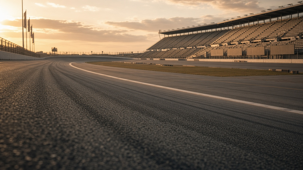 Empty sunlit superspeedway grandstands and empty asphalt oval banking at golden hour, race-day banners without readable text, no cars, no people, no logos