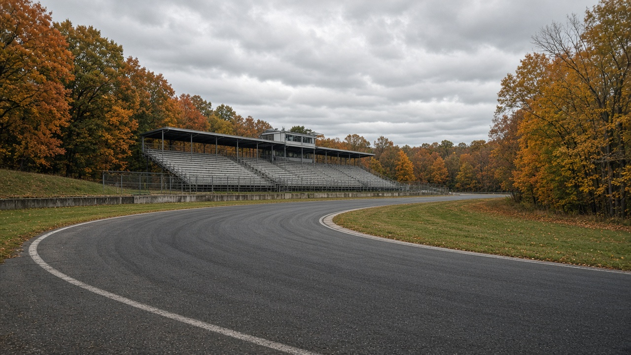 Empty curved racetrack on an overcast autumn afternoon with a small empty grandstand and colorful fall trees, no cars, no people, no text, no logos